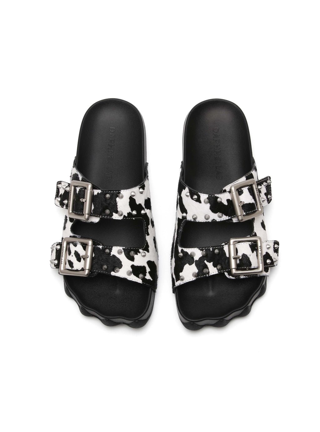 HARPINA Studded Paw Sole Slides Cow Print Pony Hair