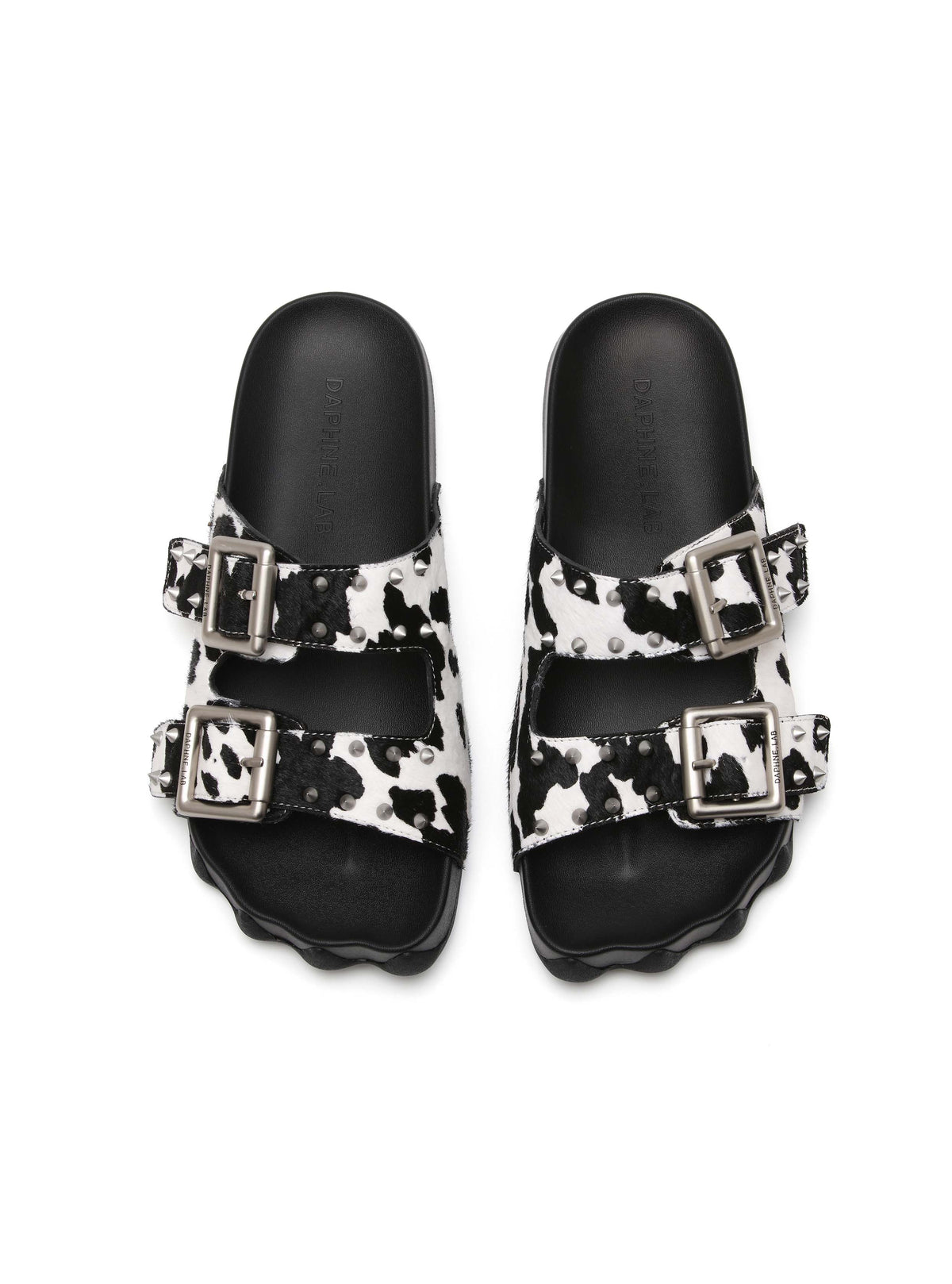 HARPINA Studded Paw Sole Slides Cow Print Pony Hair