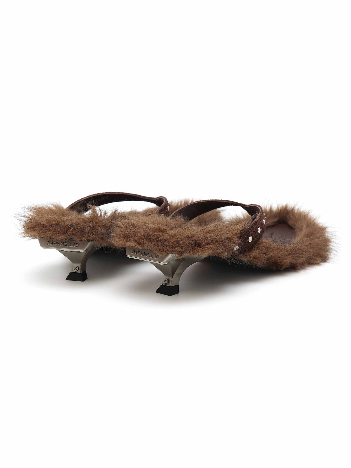VESTA Fur Studded Opener Heel Thong Sandals Brown