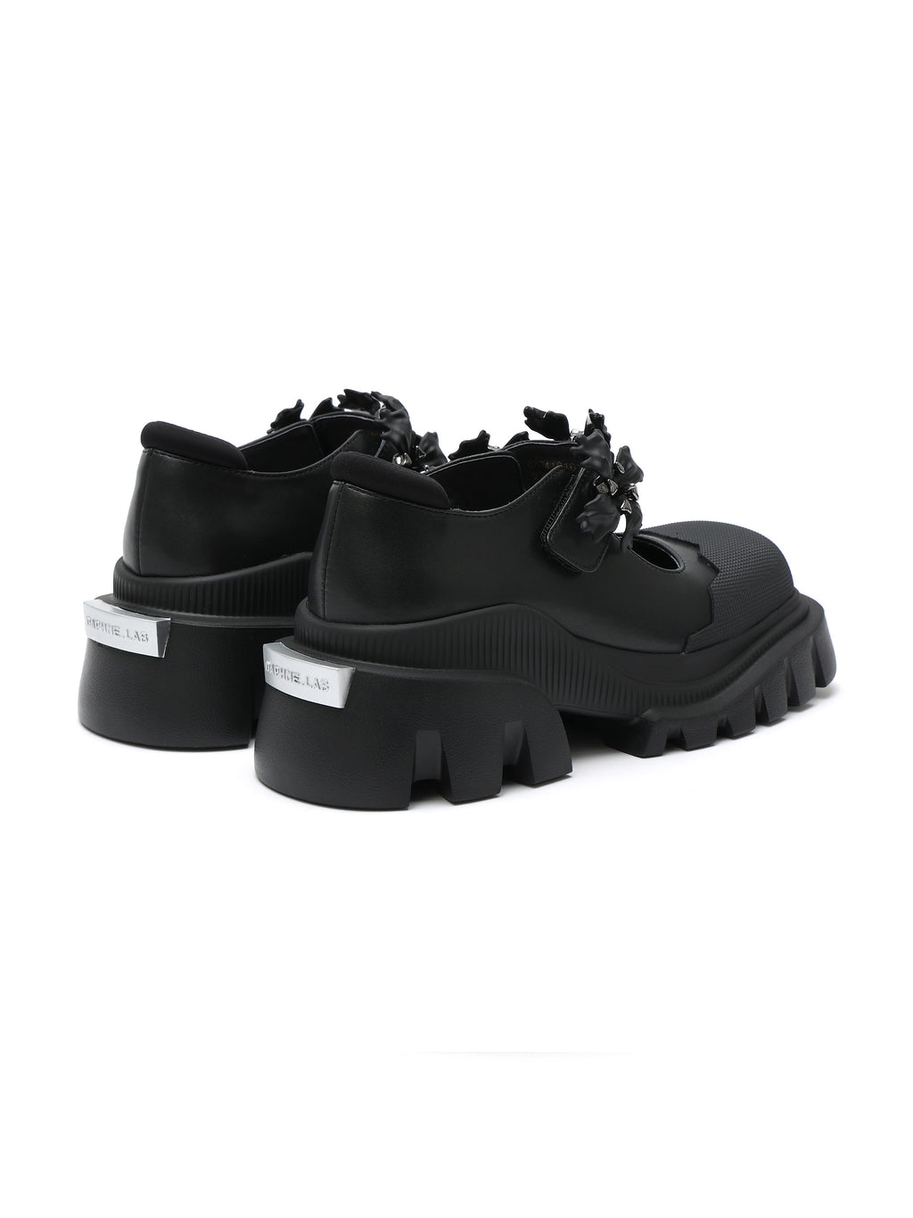 PASITHEA Mary Janes mit Blumenbesatz, klobig, Schwarz