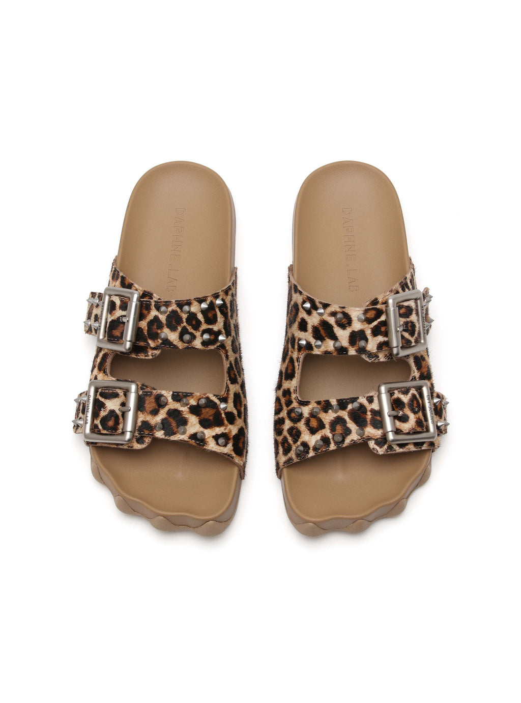 HARPINA Studded Paw Sole Slides Leopard Pony Hair