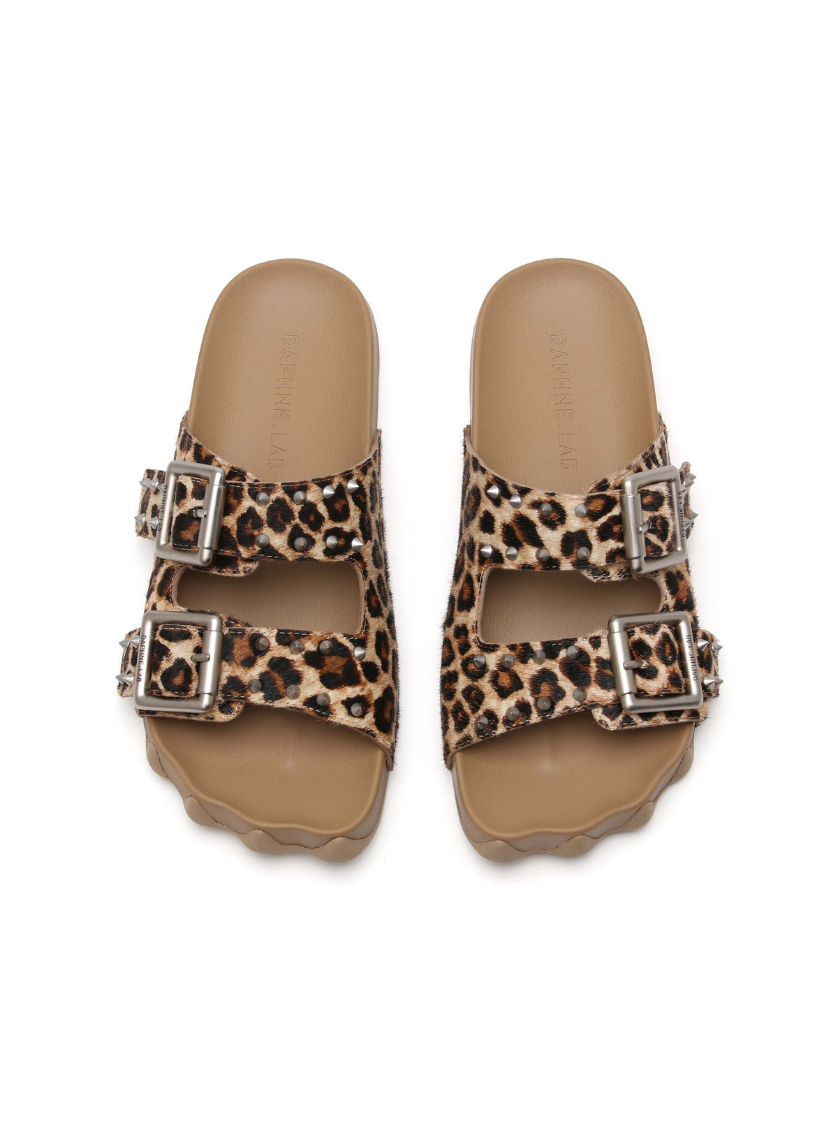 HARPINA Studded Paw Sole Slides Leopard Pony Hair