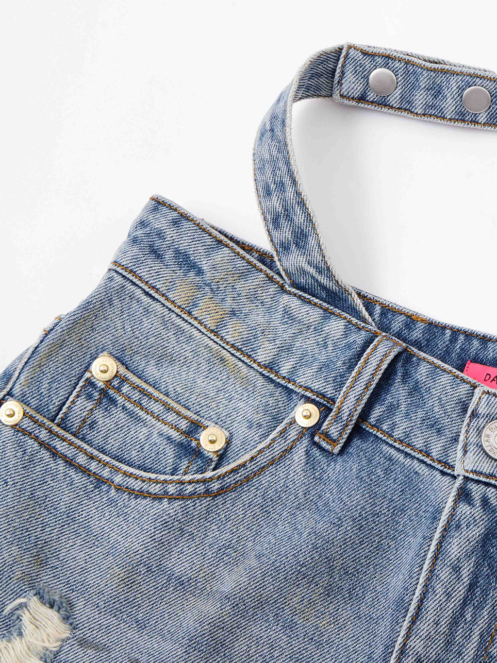 Double-Waist Distressed Denim Shorts