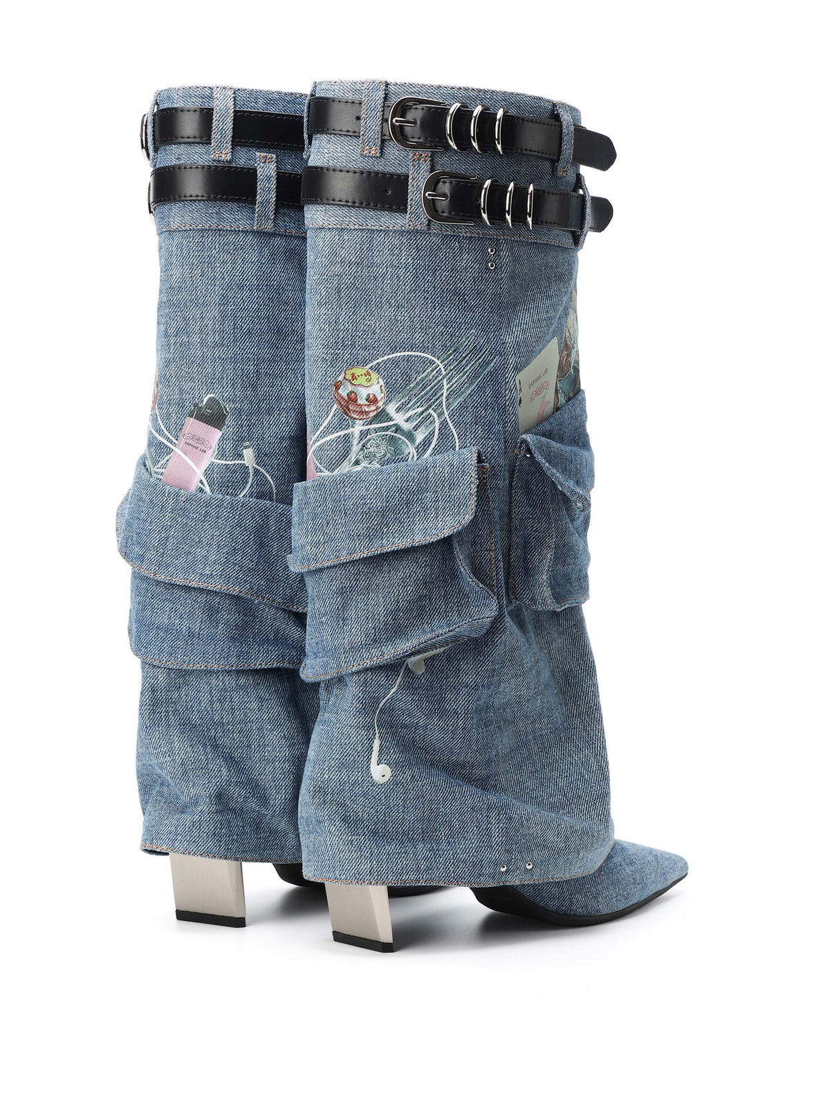 ADRASTEIA Graphic Denim Cargo Knee-High Boots Blue