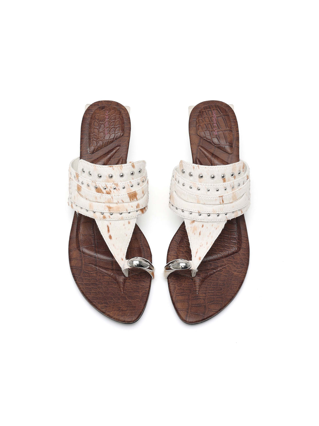 CARPO Horse Hair Studded Thong Opener Heel Sandals Brown Cow Print