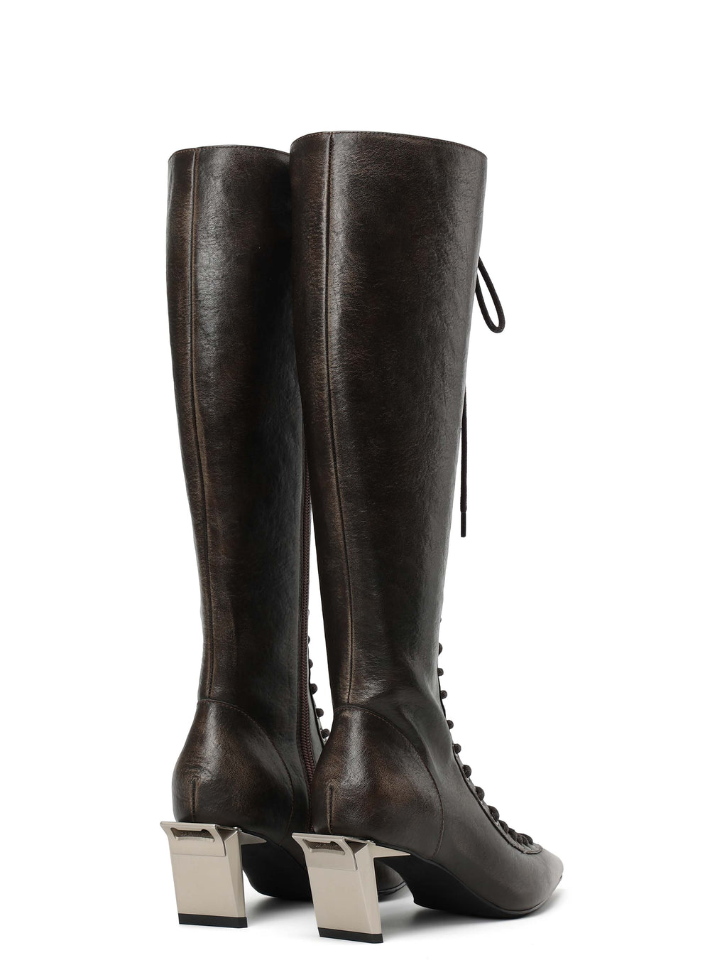 MELINOE Lace-Up Knee-High Boots Distressed Black