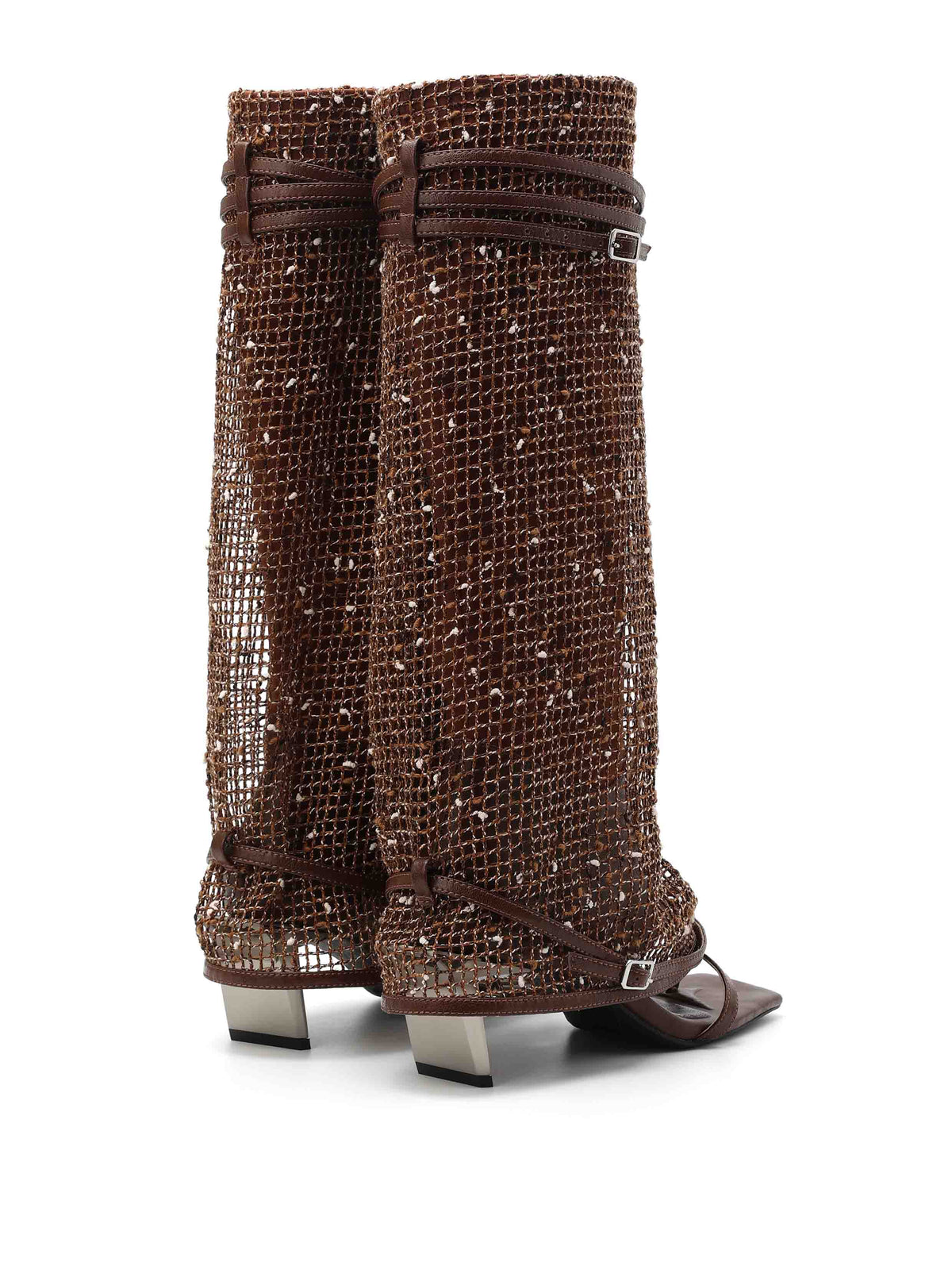 IDA Kniehohe Stiefel mit Zehenring aus gewebtem Schokoladenbraun