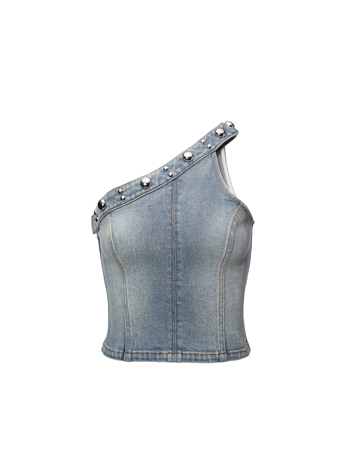 Studded One-Shoulder Denim Top Light Blue