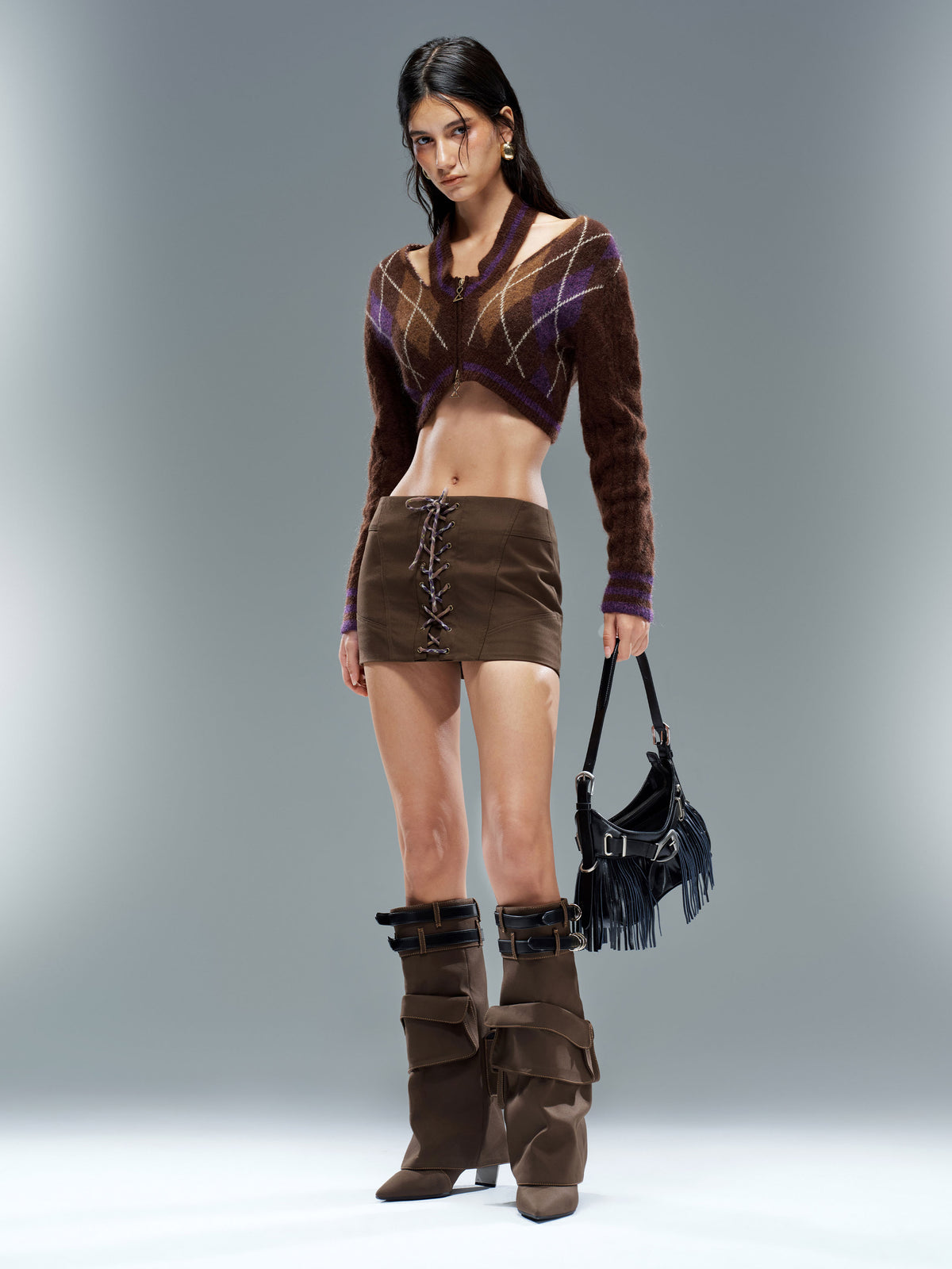 ADRASTEIA Denim Cargo Knee-High Boots Brown