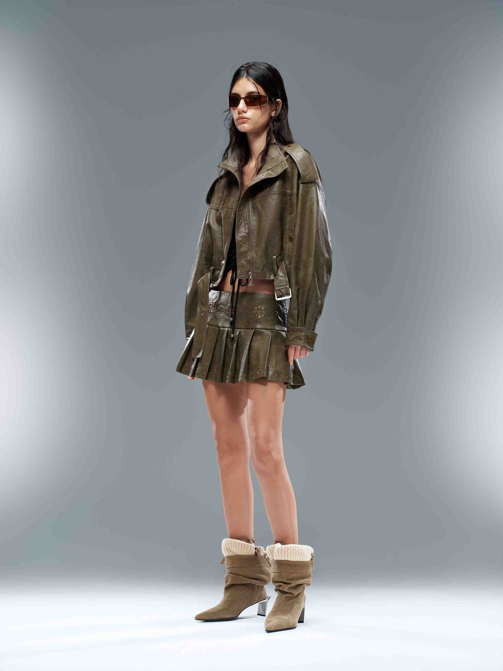 Studded Low-Rise Pleated Mini Skirt Dark Olive