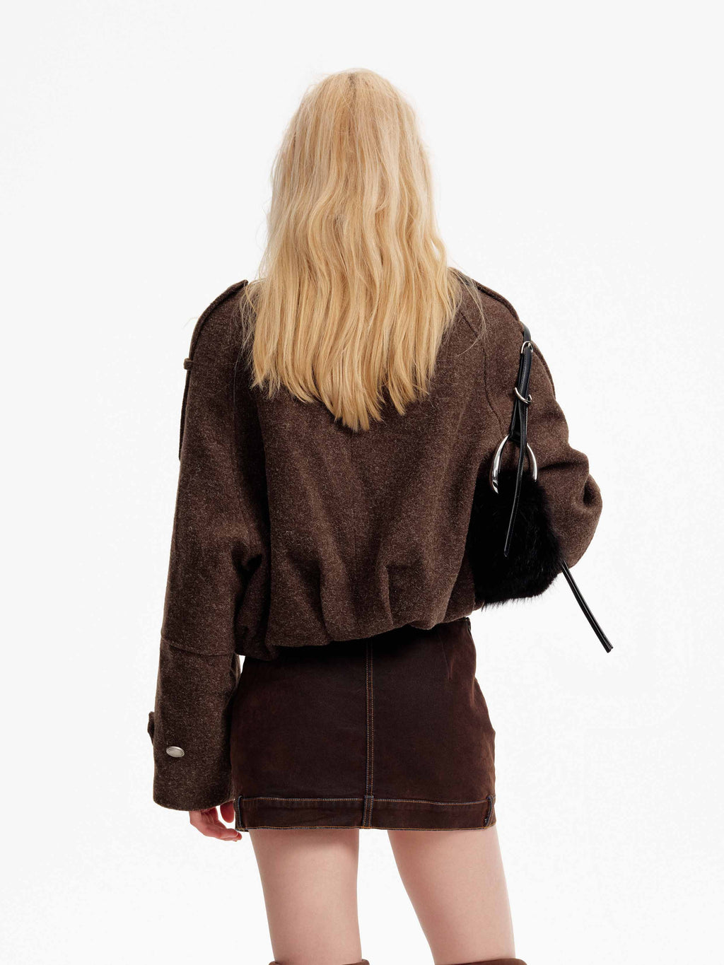 High-Neck Military Cropped Jacket Chocolate Brown