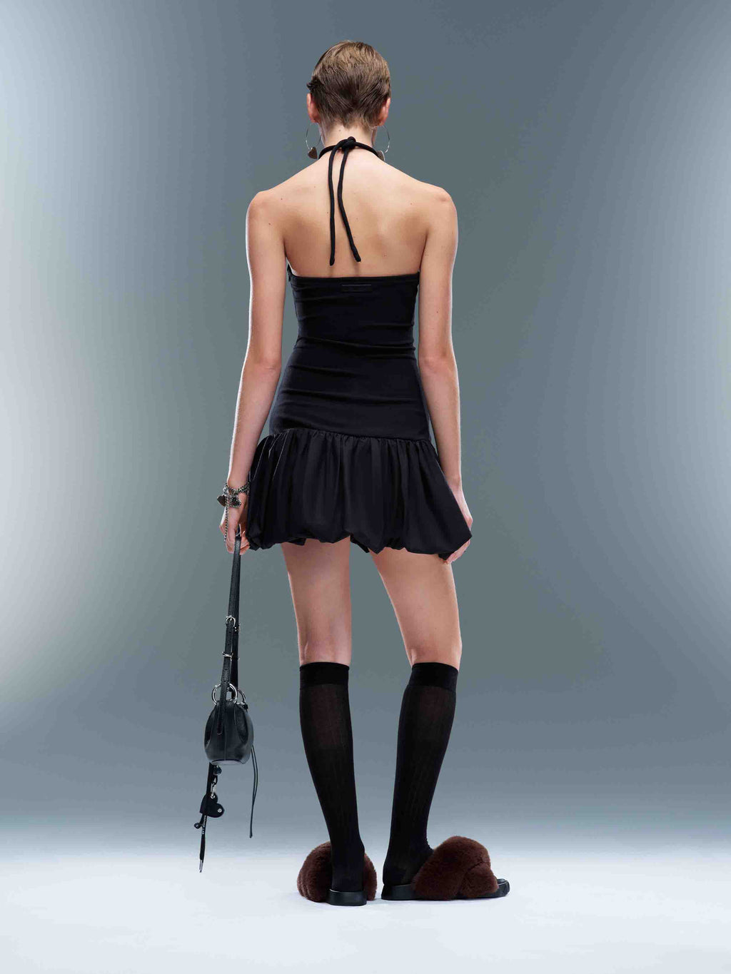 Ruched Halter Bubble Mini Dress Black