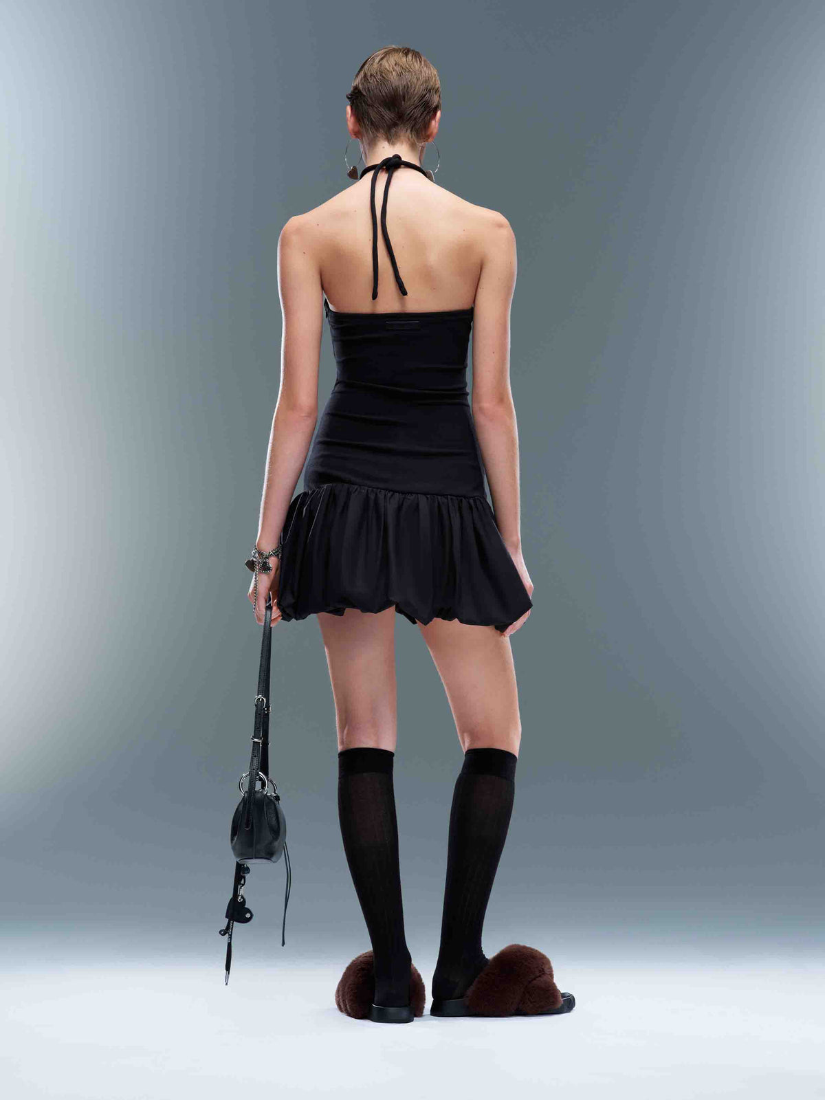 Ruched Halter Bubble Mini Dress Black