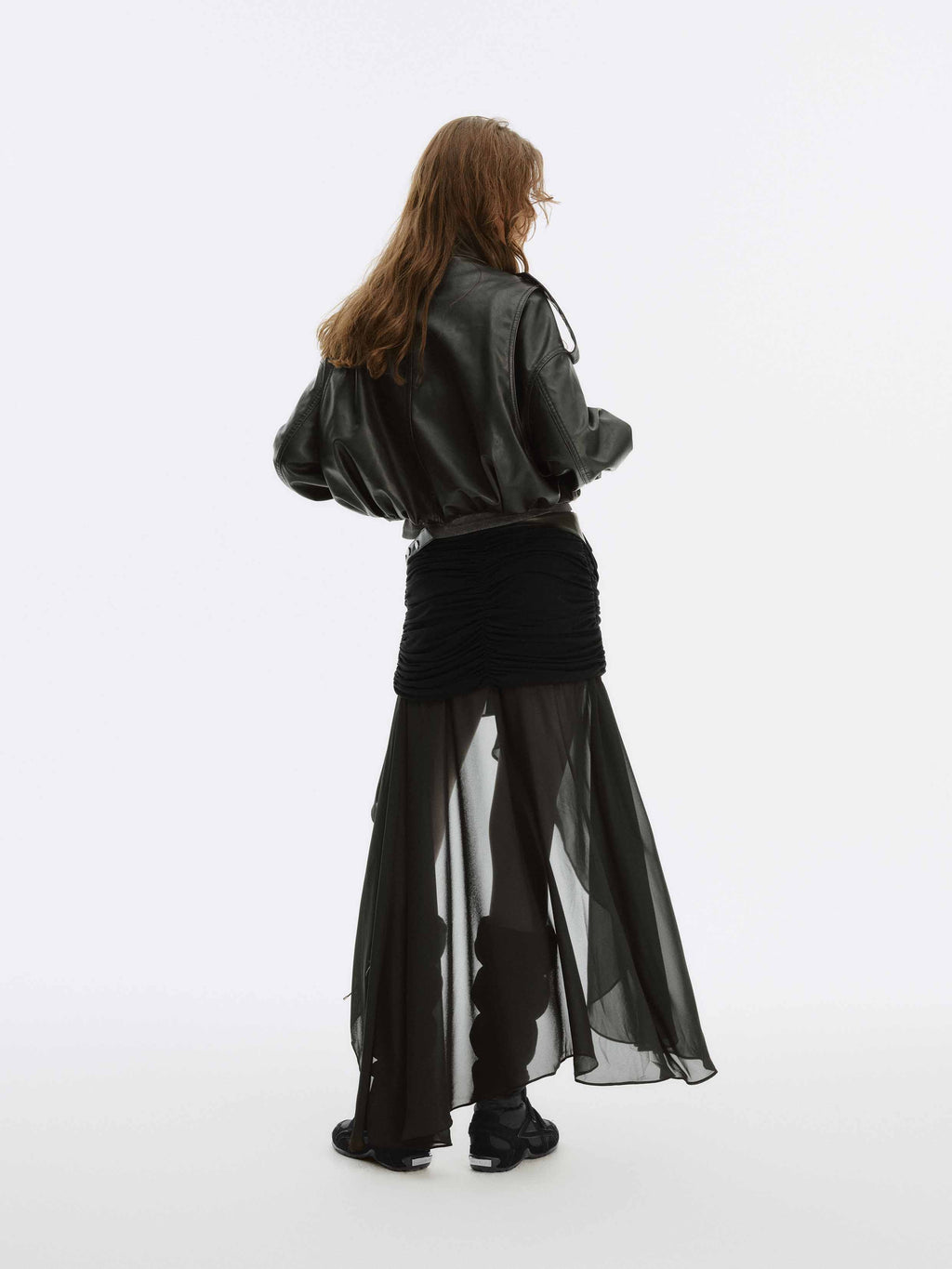 Ruched Asymmetric Chiffon Maxi Skirt Black