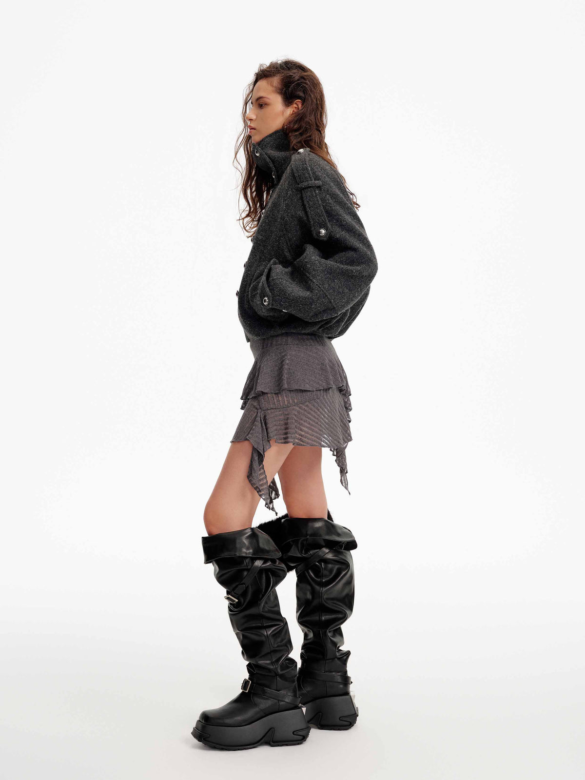 High-Neck Military Cropped Jacket Charcoal Gray