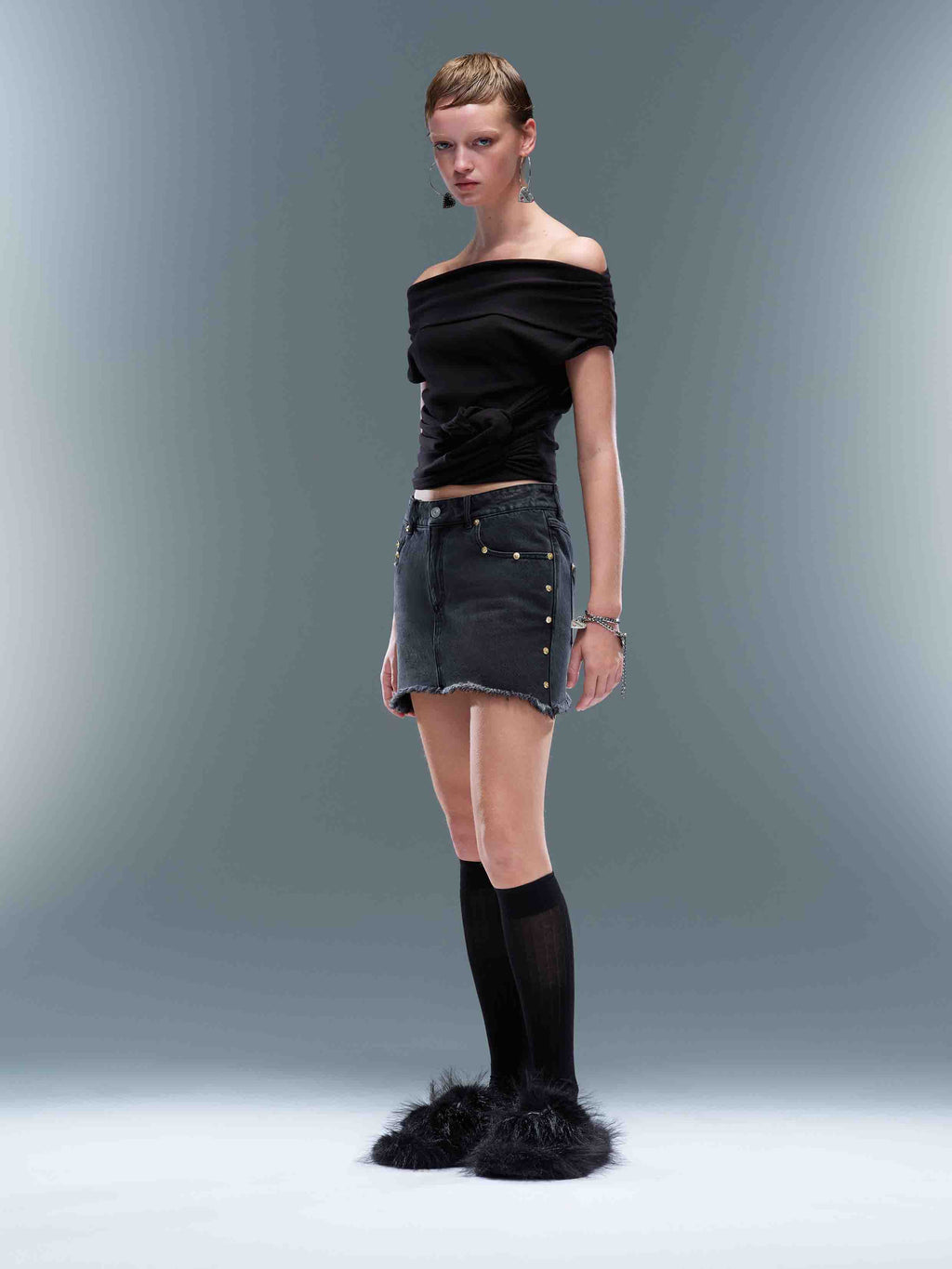 Studded Denim Mini Skirt Black Wash