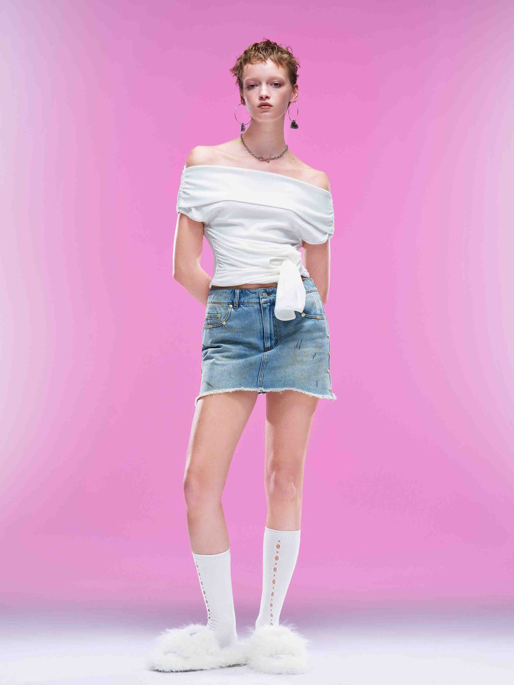 Ruched Tie Off-Shoulder Top White