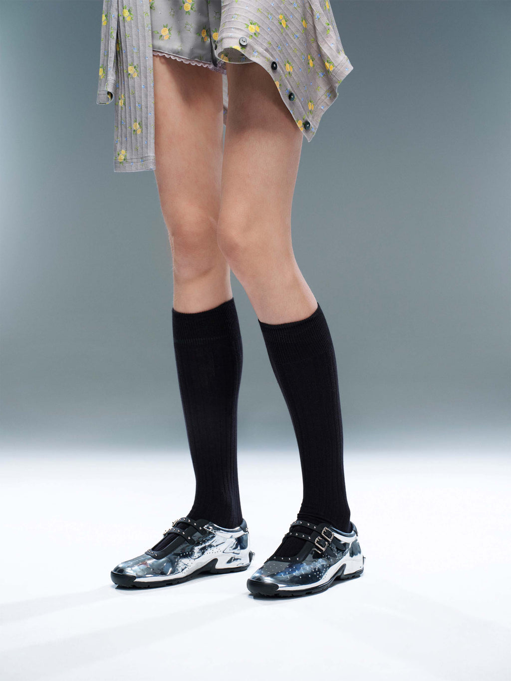 GALENE Double-Buckle Mary Jane Flats Metallic Silver