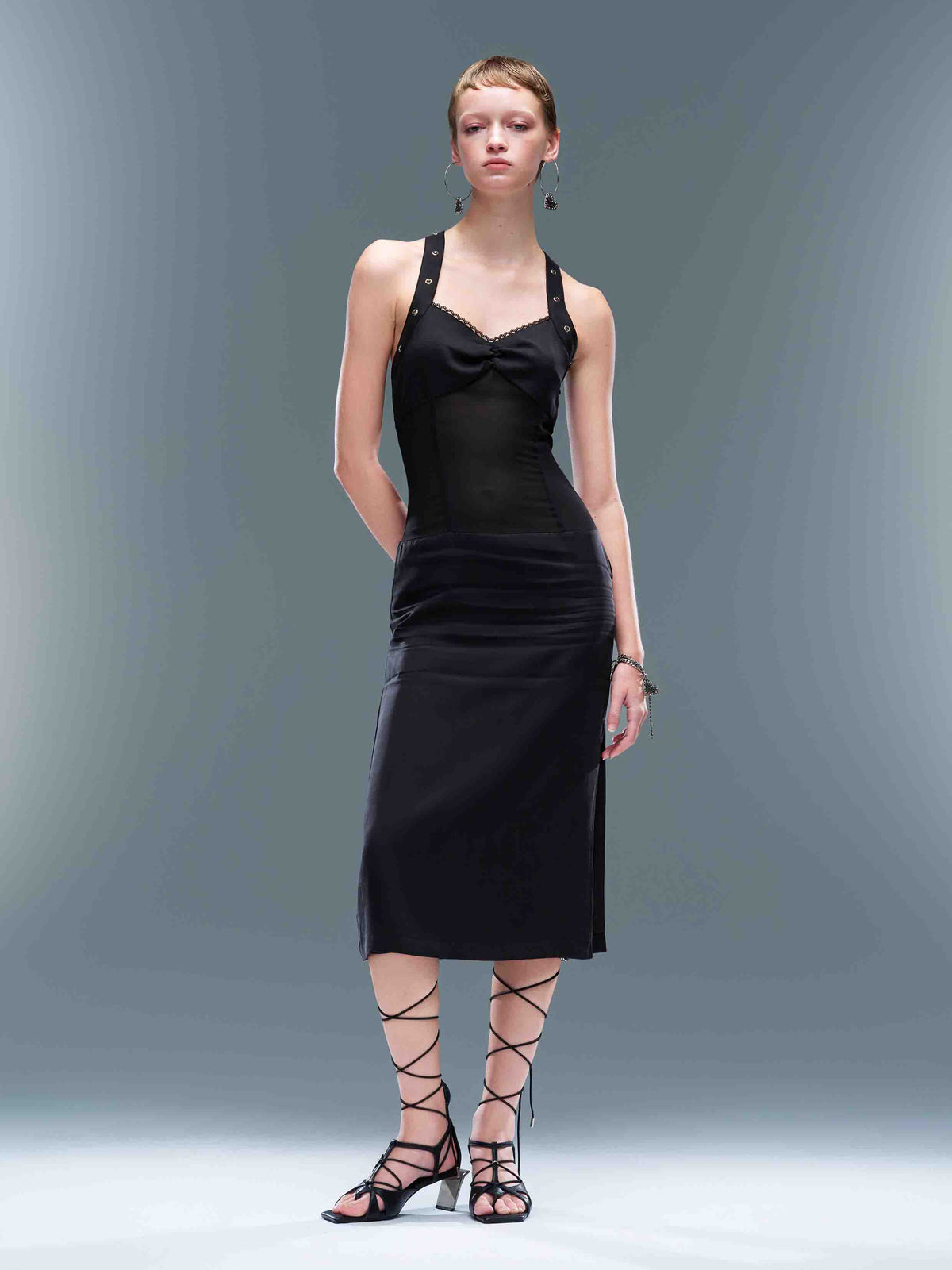 Studded Lace-Up Mesh Midi Dress Black