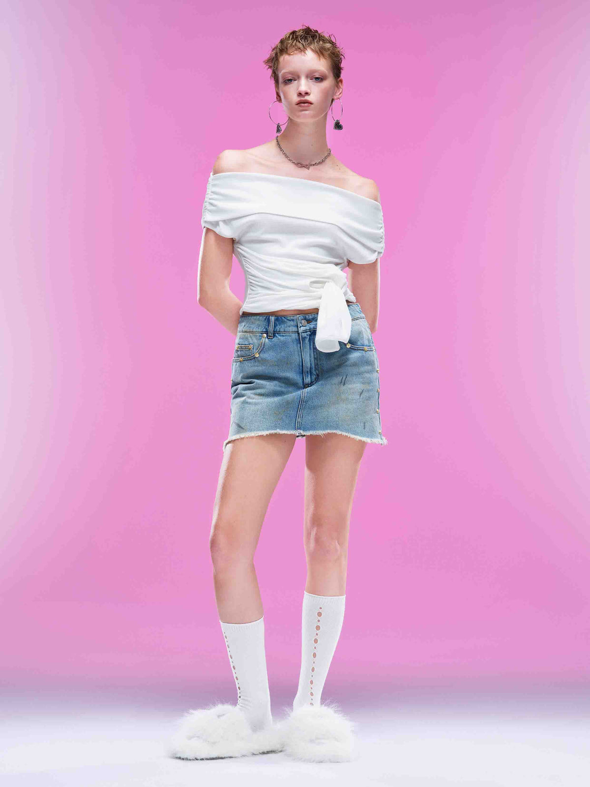 Studded Denim Mini Skirt Light Blue Wash