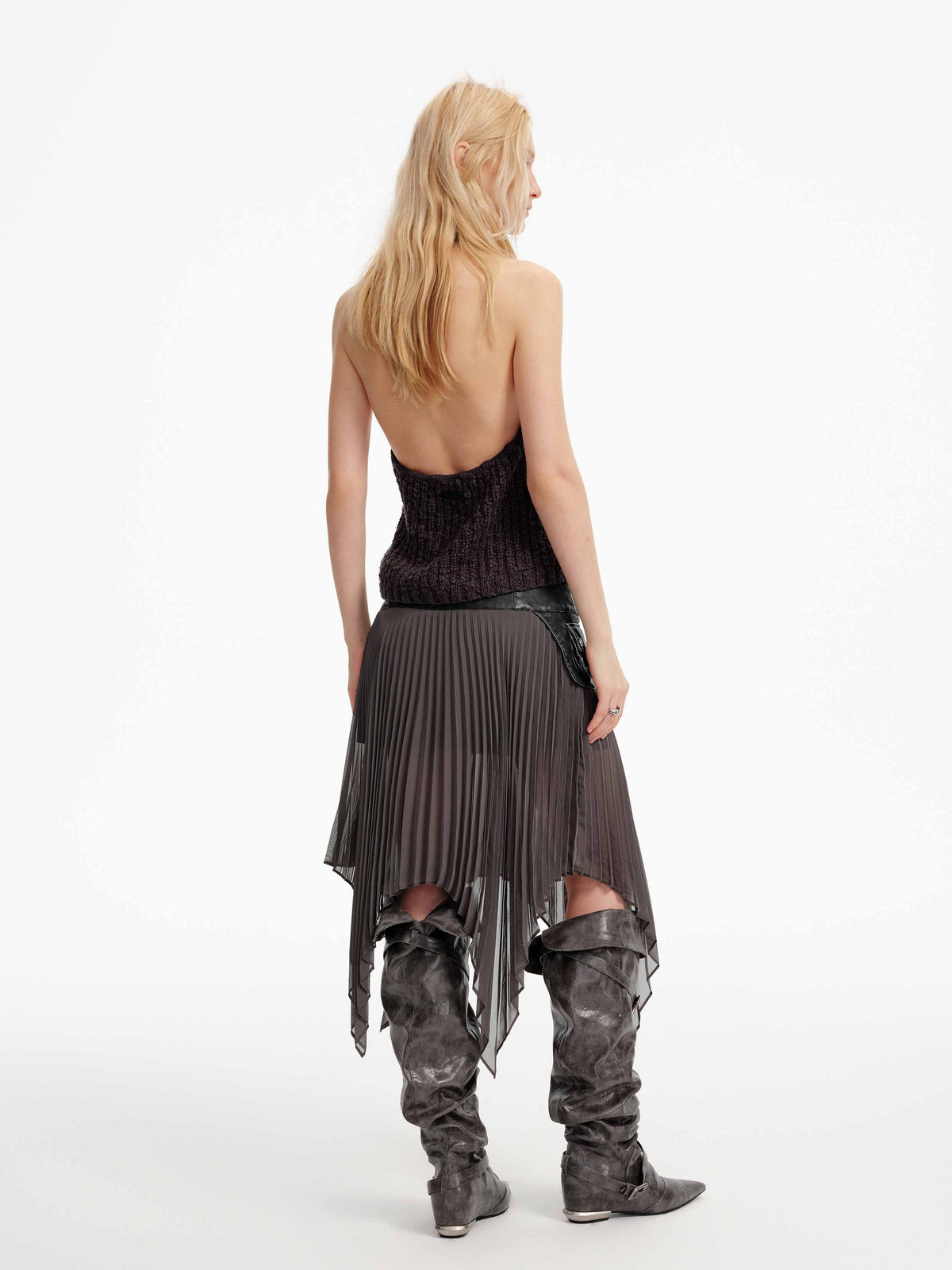 Pleated Leather-Waist Midi Skirt