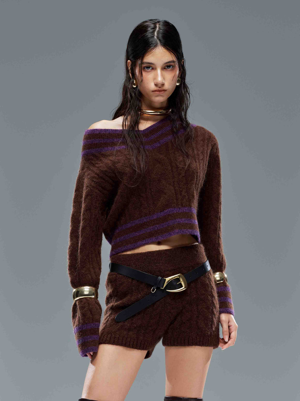Convertible Off-Shoulder Cable Knit Sweater Espresso Purple