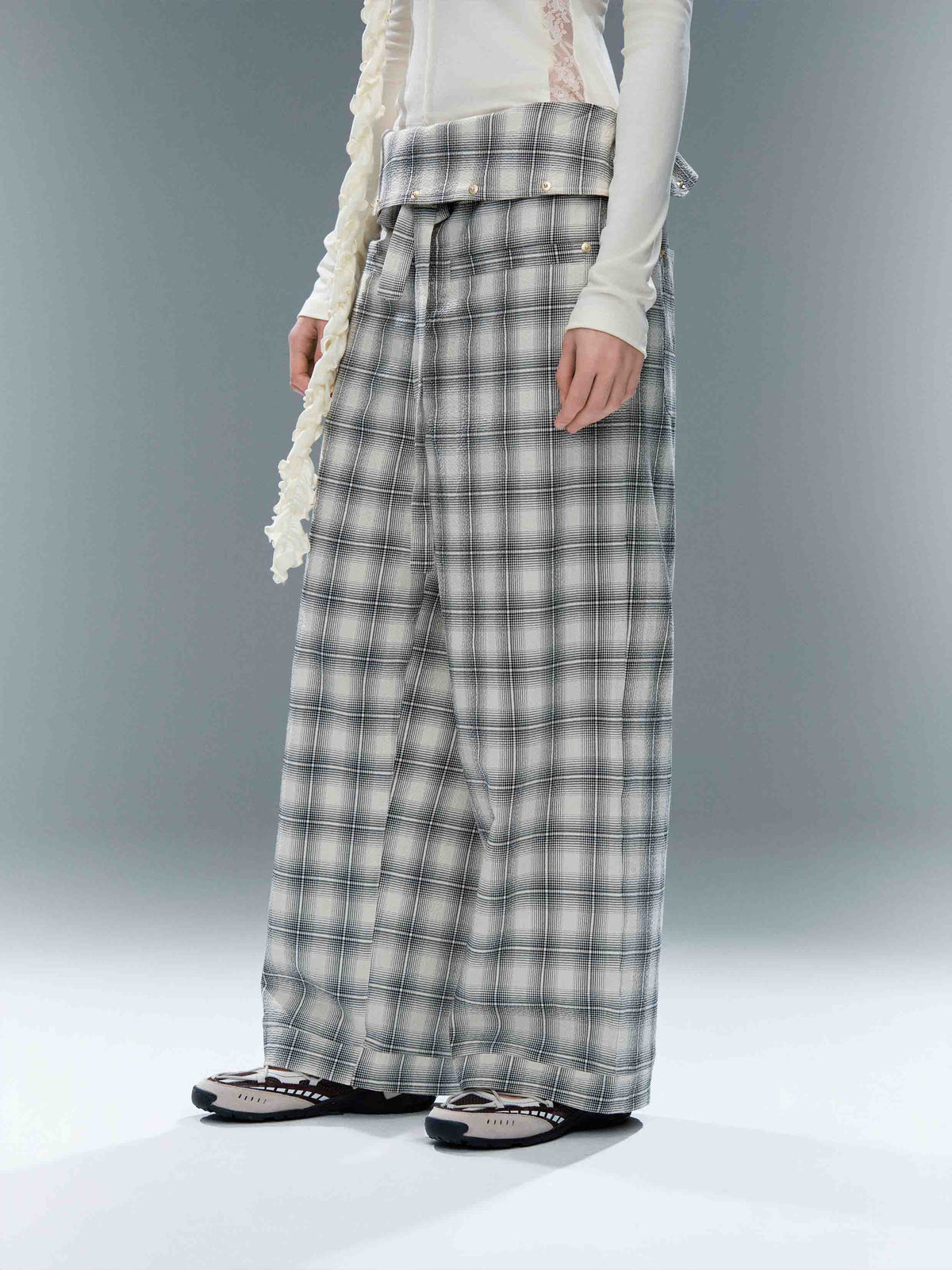 Foldover Plaid Wide-Leg Pants