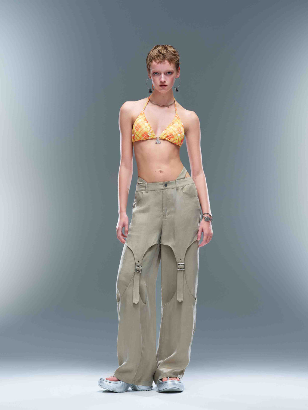 Cutout Buckle Straight-Leg Pants Sage Beige