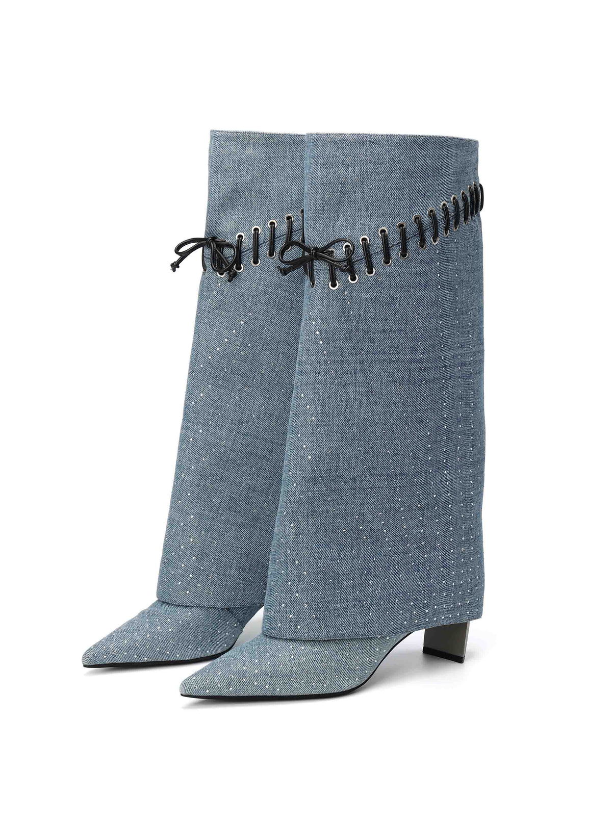 AGLAIA Crystal Denim Knee-High Boots Light Blue