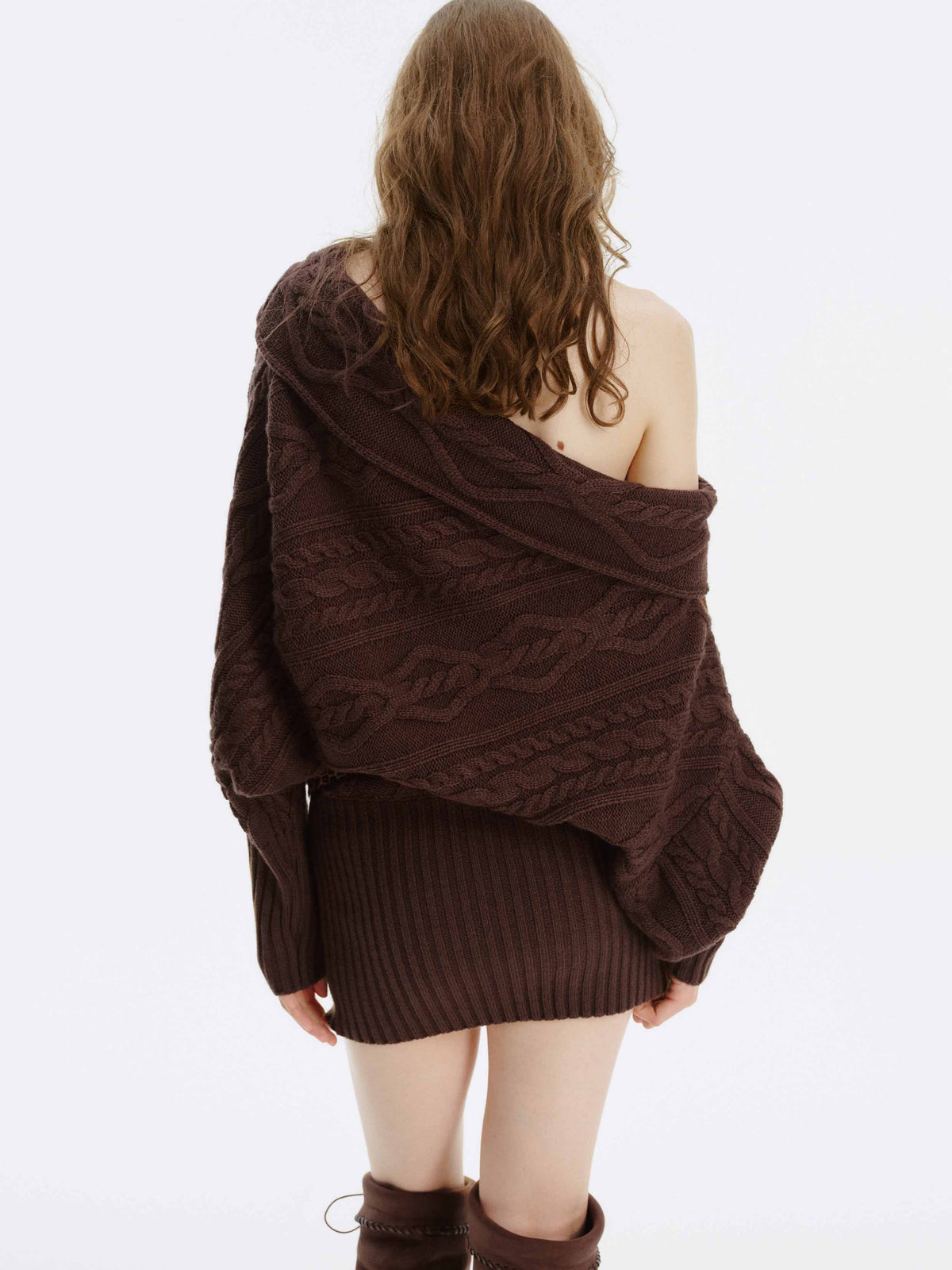 Asymmetric Cable-Knit Sweater Espresso Brown