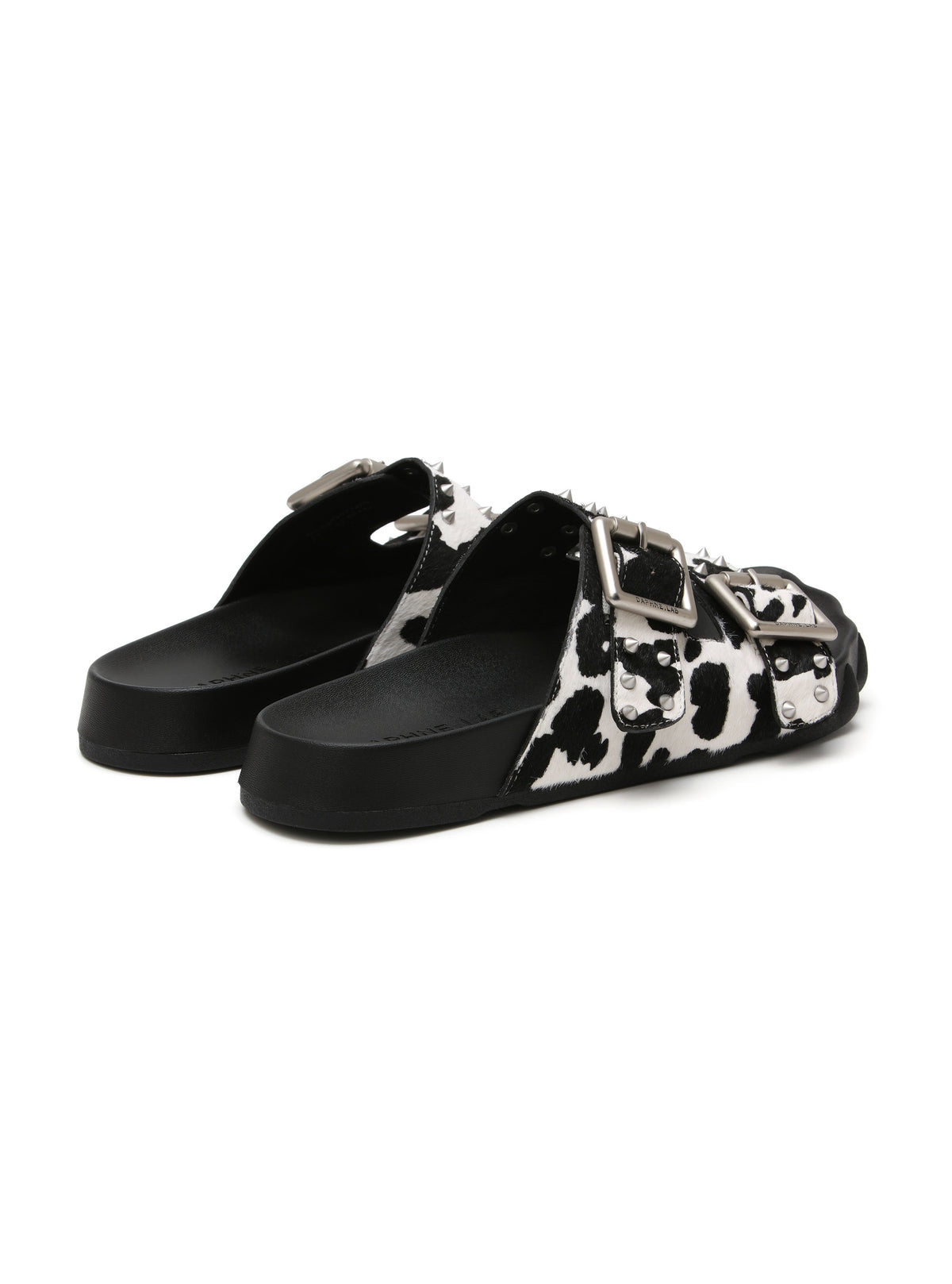HARPINA Studded Paw Sole Slides Cow Print Pony Hair