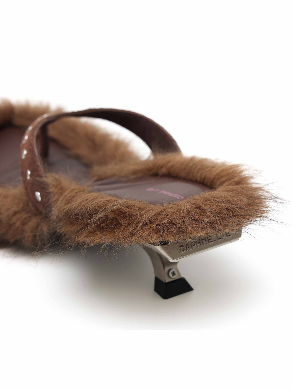 VESTA Fur Studded Opener Heel Thong Sandals Brown