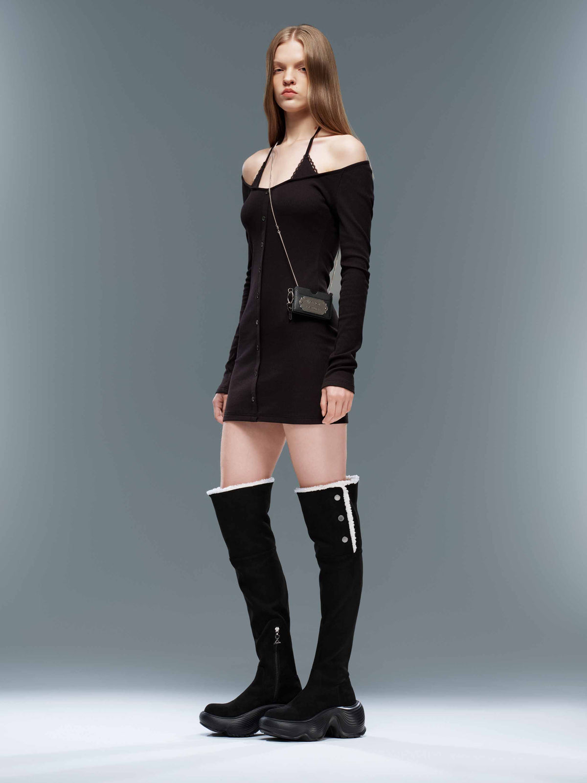 Layered Halter Knit Mini Dress Black