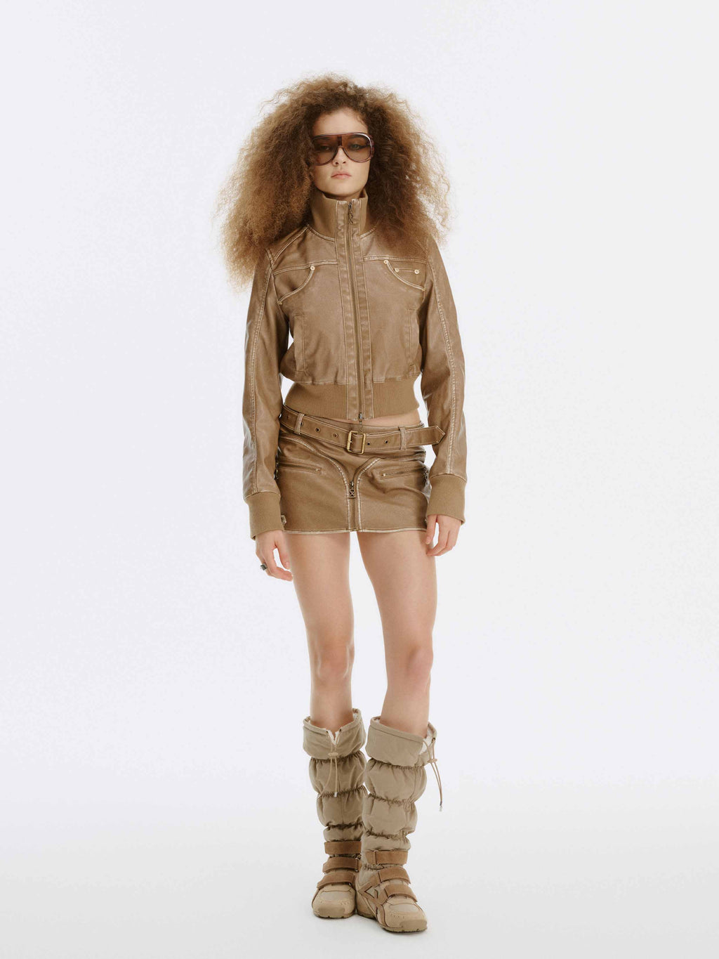 Distressed Biker Buckle Mini Skirt Khaki