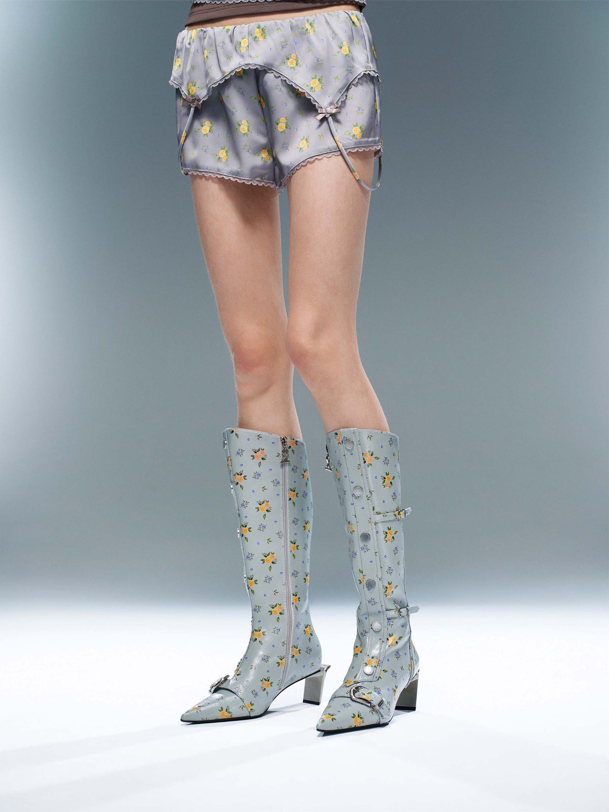 CHLORIS Floral Buckle Knee-High Boots