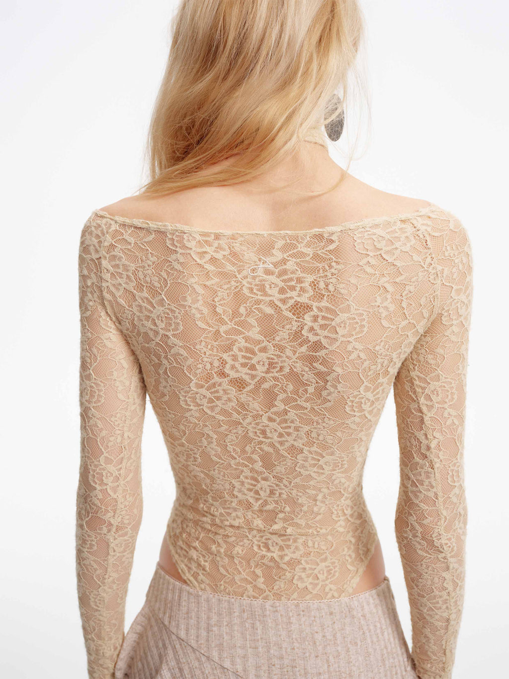 Off-Shoulder Lace Button Bodysuit Beige