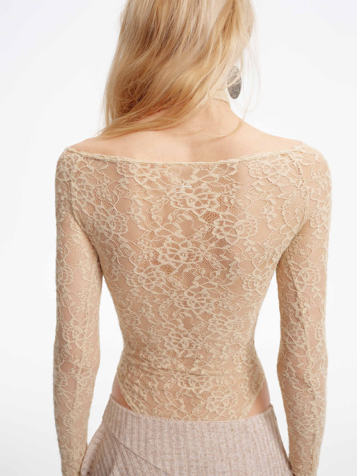 Off-Shoulder Lace Button Bodysuit Beige