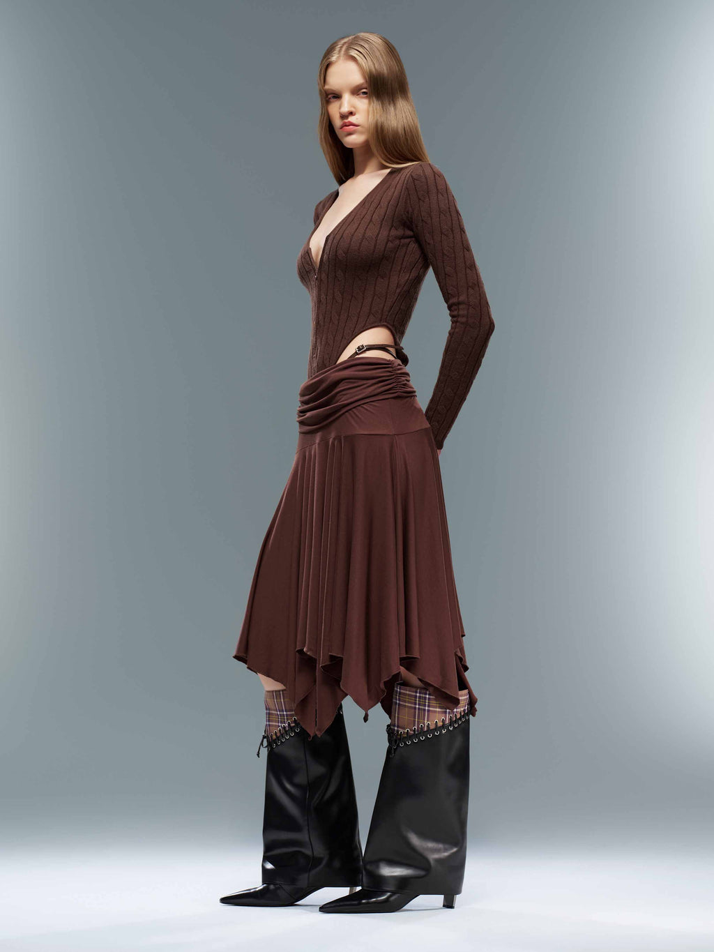 Ruched Asymmetric Midi Skirt Espresso Brown