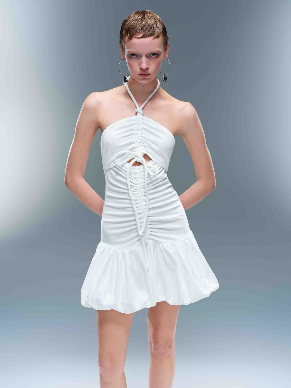 Ruched Halter Bubble Mini Dress White