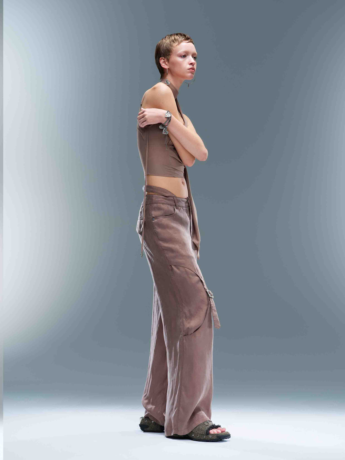 Cutout Buckle Straight-Leg Pants Taupe Brown