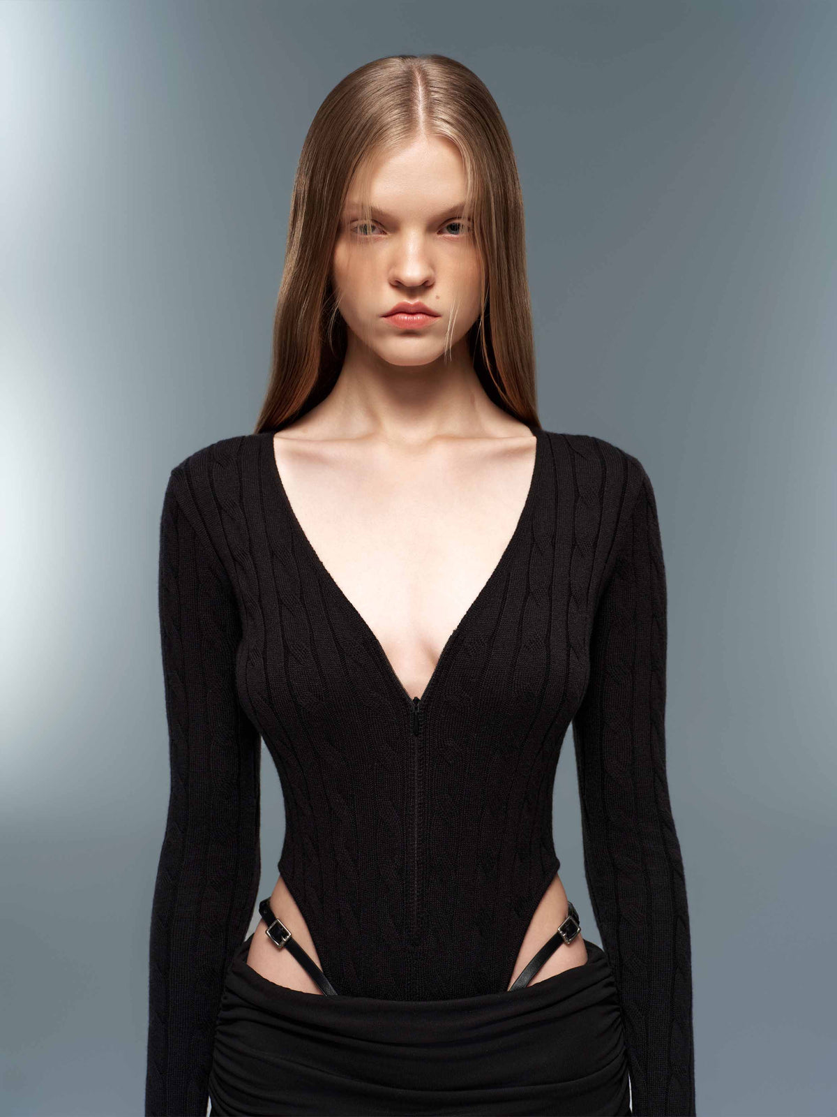 Cable Knit Zip-Up Bodysuit Black