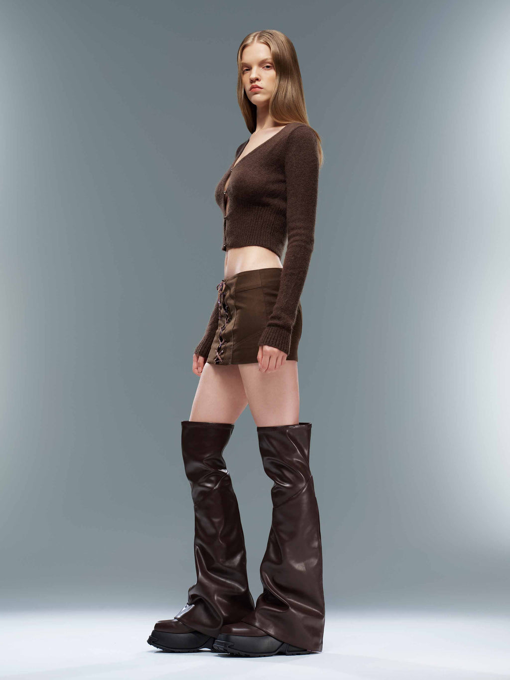 Mohair Cutout V-Neck Knit Cardigan Espresso Brown