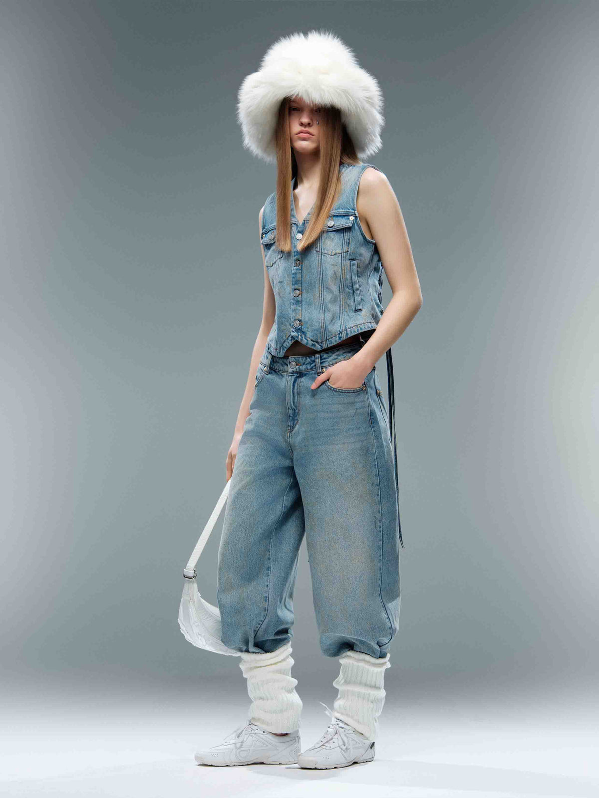 Distressed Lace-Up Denim Vest