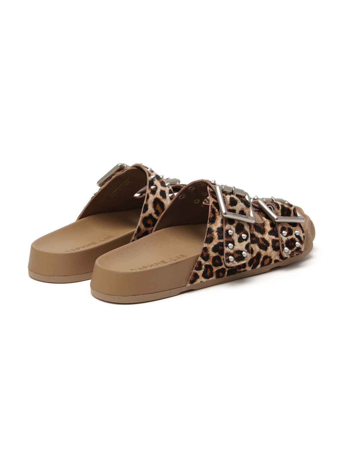 HARPINA Studded Paw Sole Slides Leopard Pony Hair