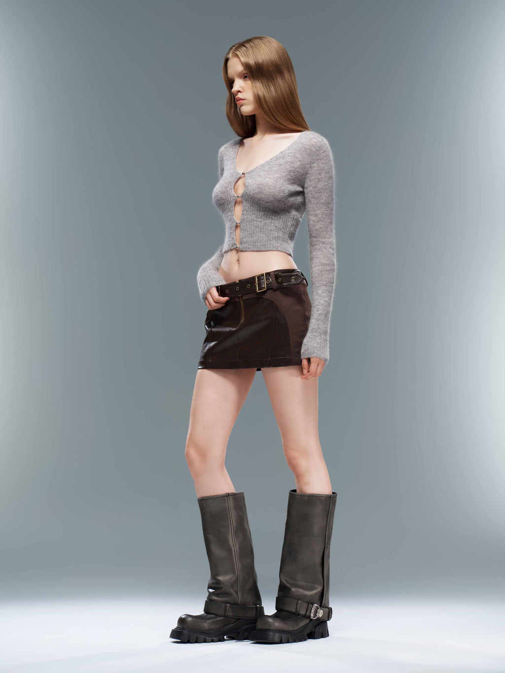 Mohair Cutout V-Neck Knit Cardigan Gray