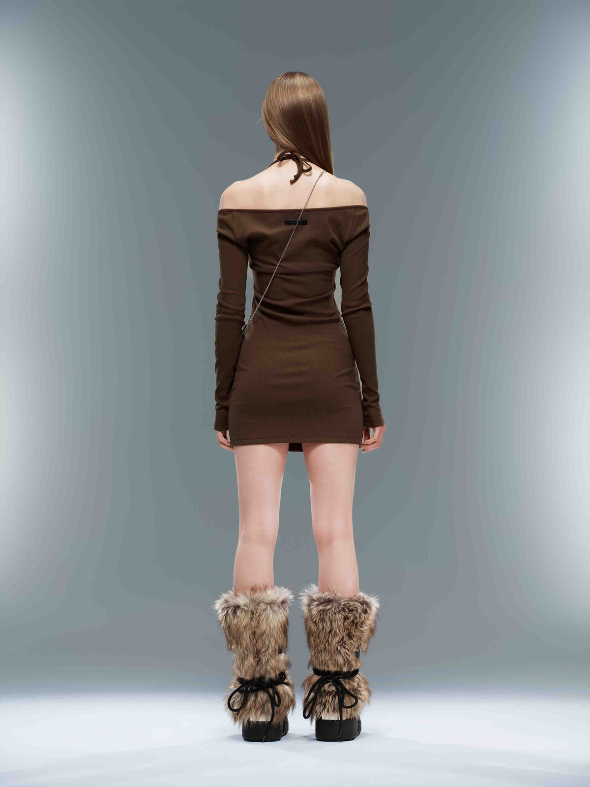Layered Halter Knit Mini Dress Espresso Brown