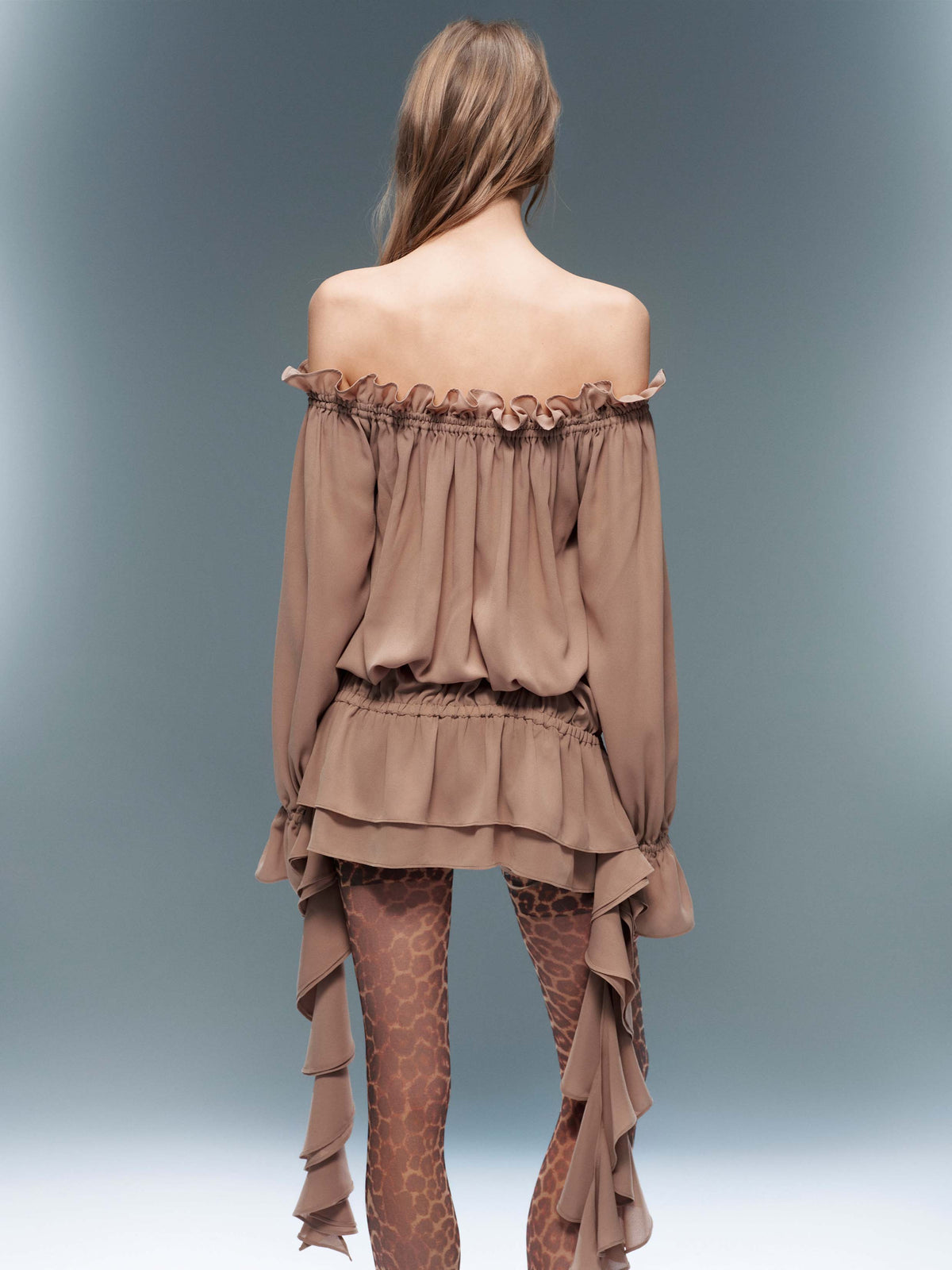 Crystal Ruffle Off-Shoulder Blouse Brown