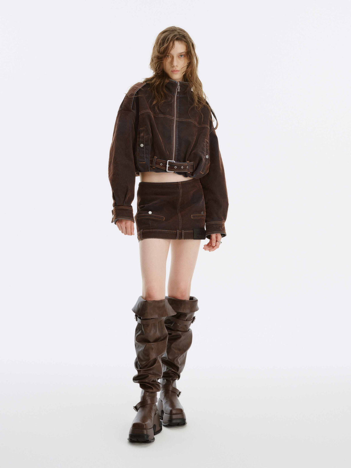 Washed Belted Cropped Moto Jacket Reddish Brown