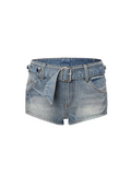 Studded Belt Denim Shorts Light Blue