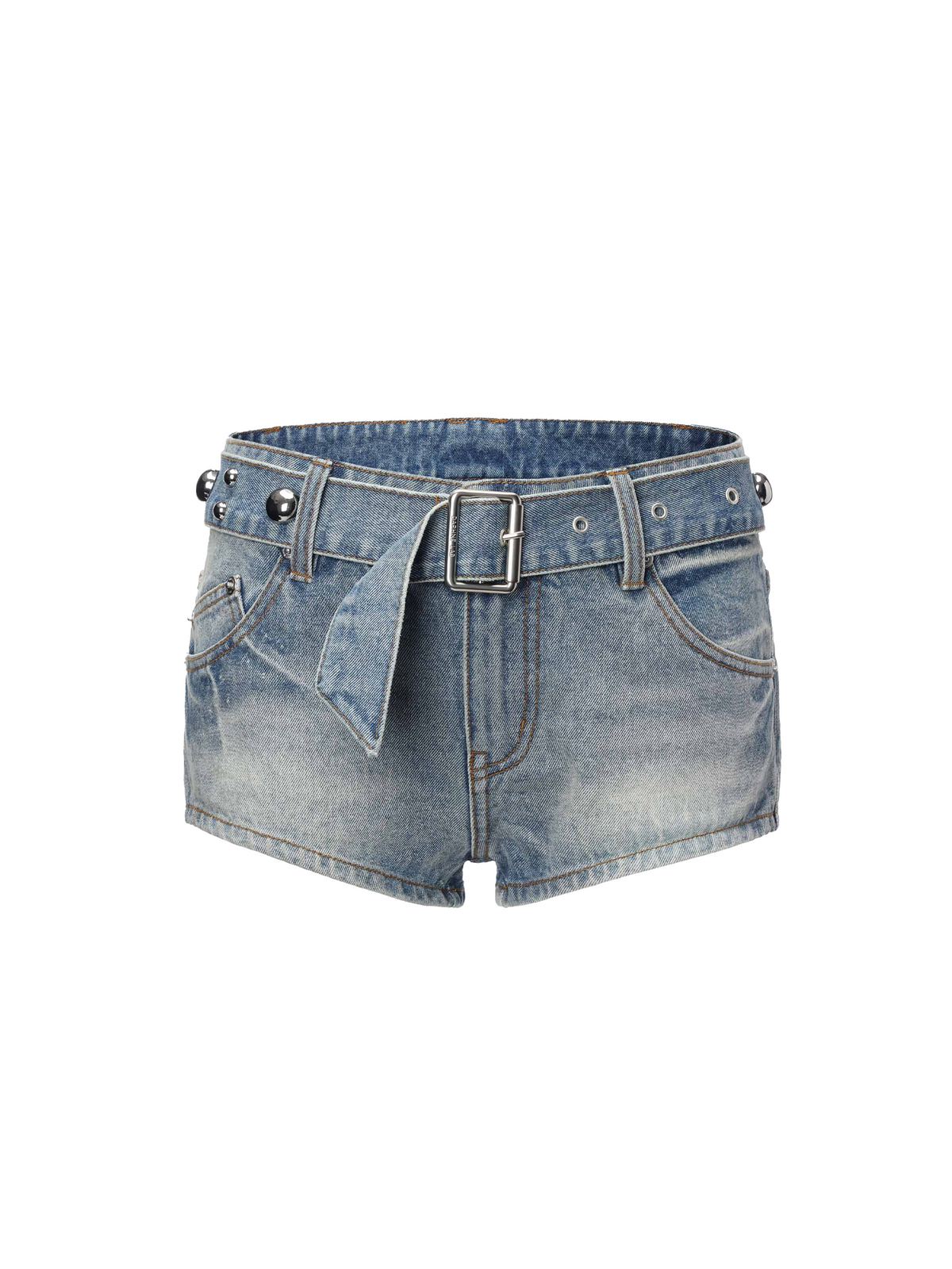 Studded Belt Denim Shorts Light Blue